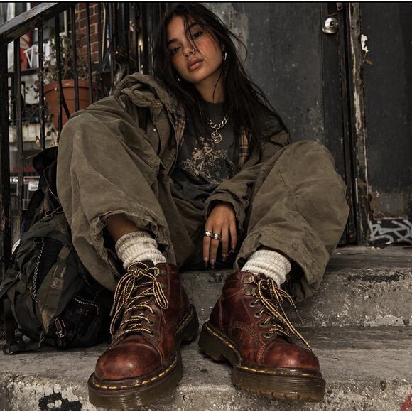 Dr. Martens Shoes - Vtg Y2K Yellow Stitch Dr. Martens Brn UK 4 US 6-6.5 Chunky Lug Sole Boot England